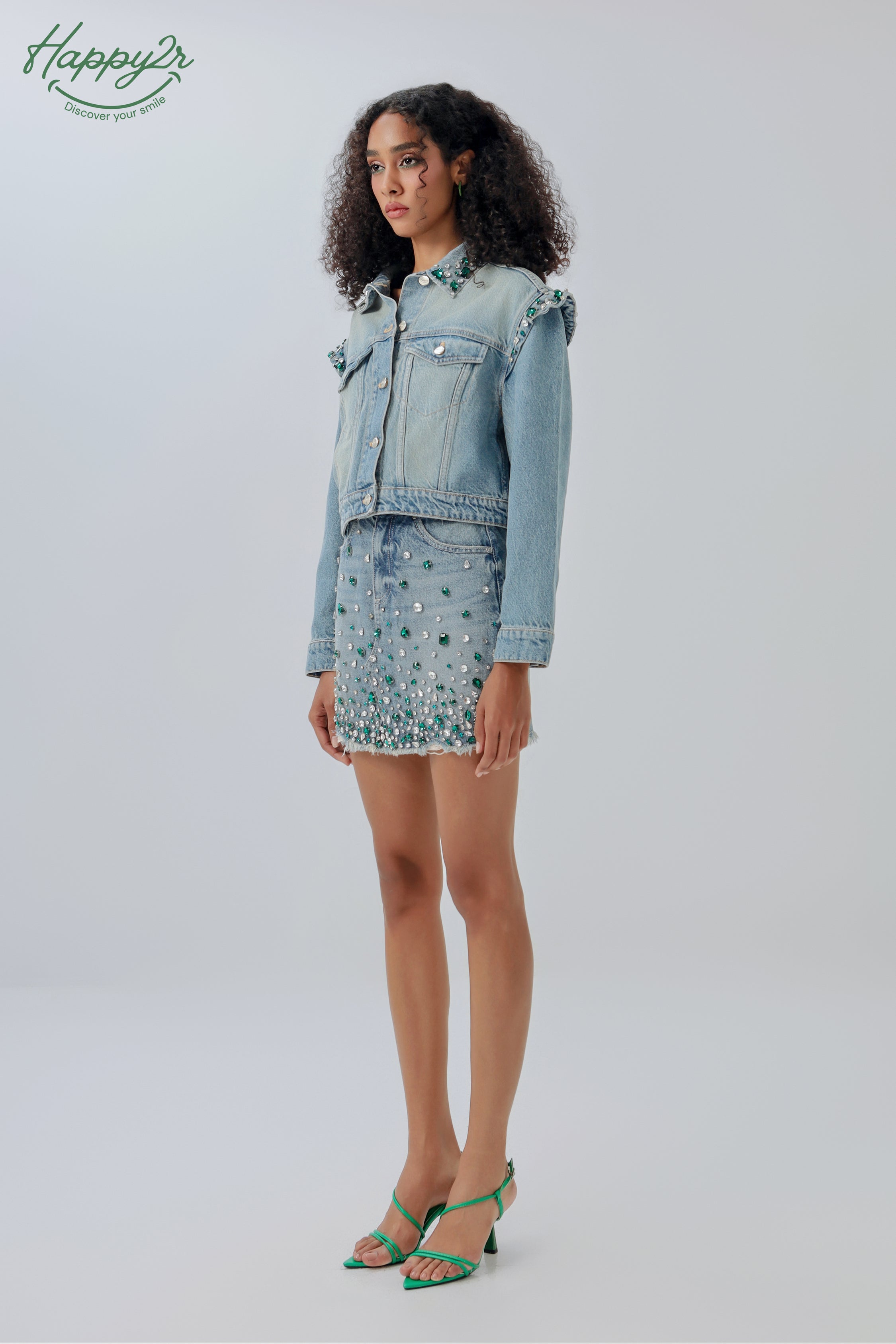 Hight Waist Heavy Wash Rhinestones Denim Skirt
